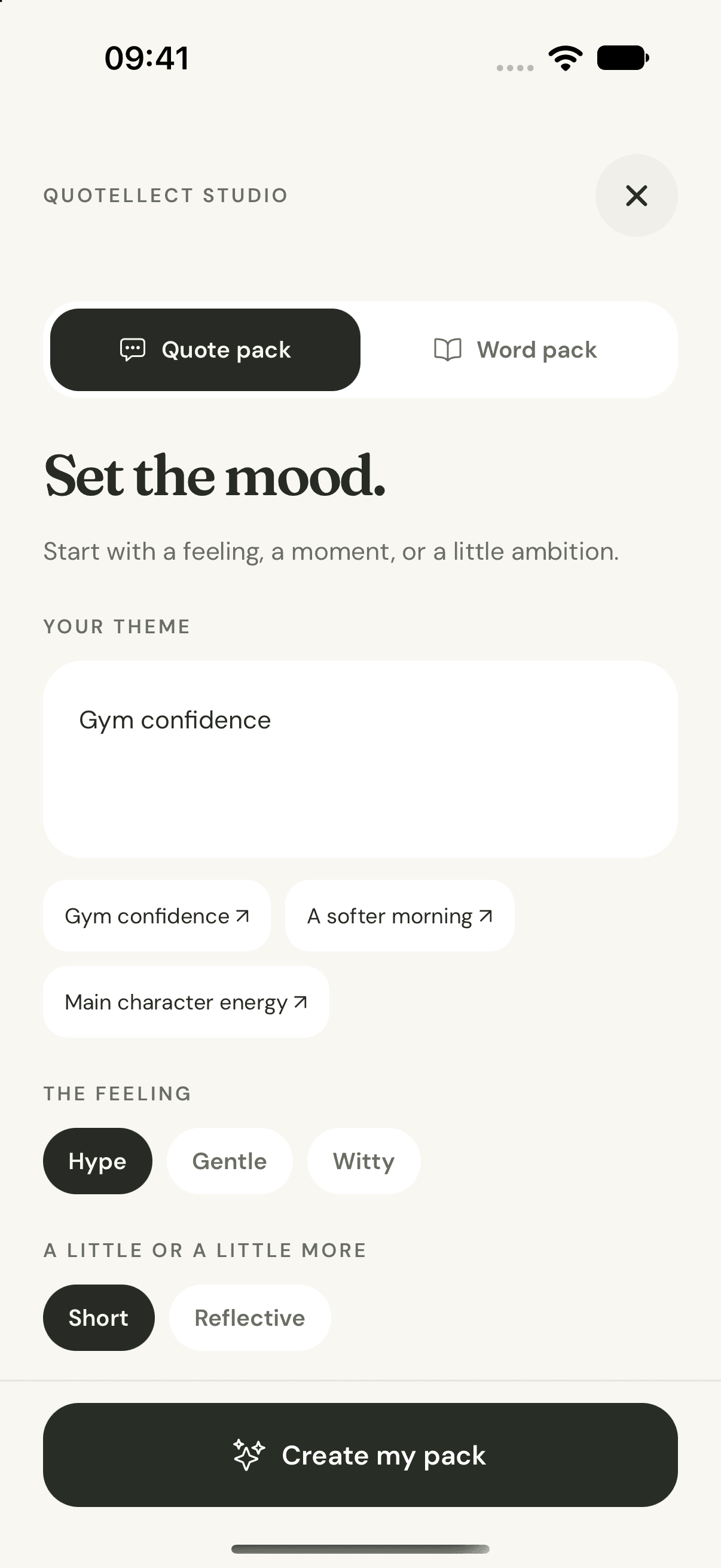 Quotellect Quote Studio set to Gym confidence, with tone and pack size controls.