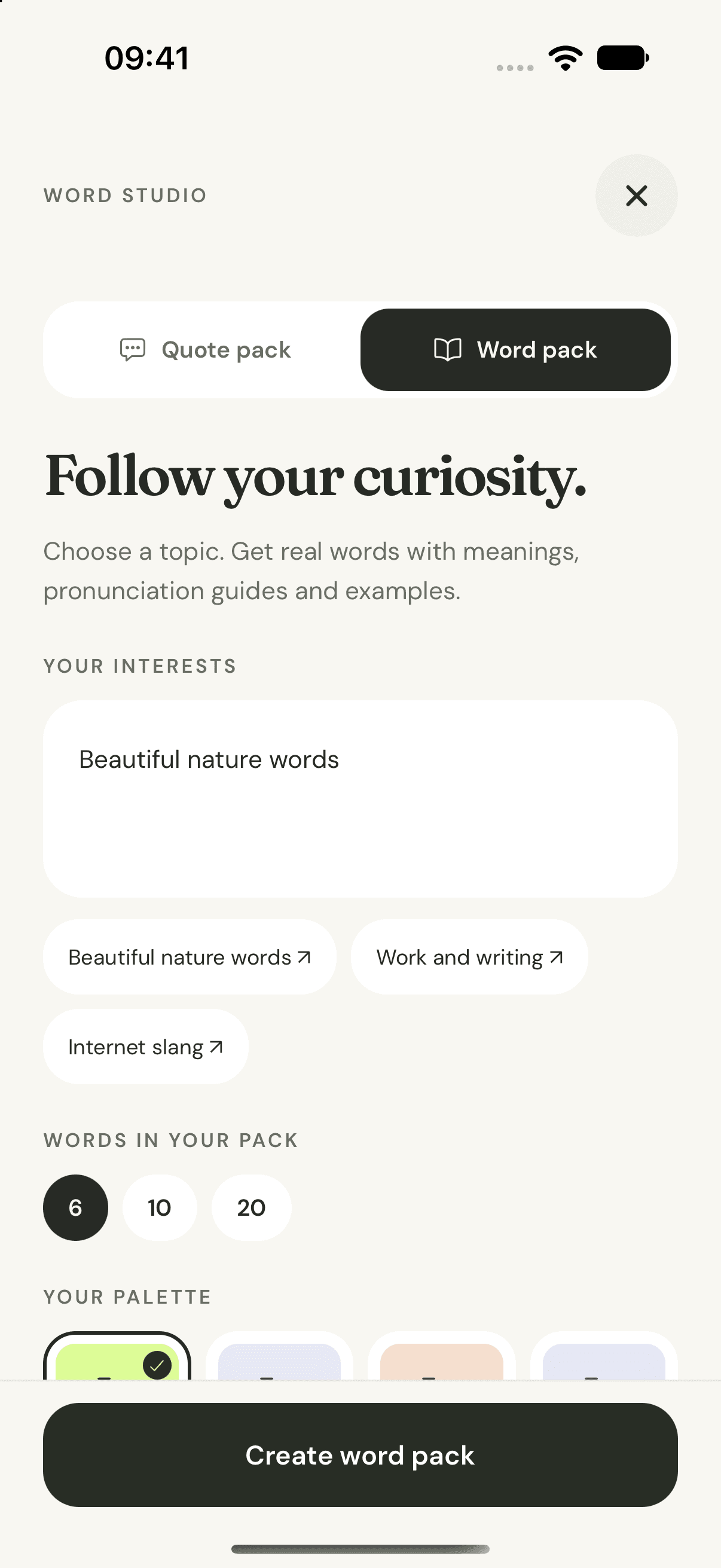 Quotellect Word Studio ready to create a Beautiful nature words vocabulary pack.